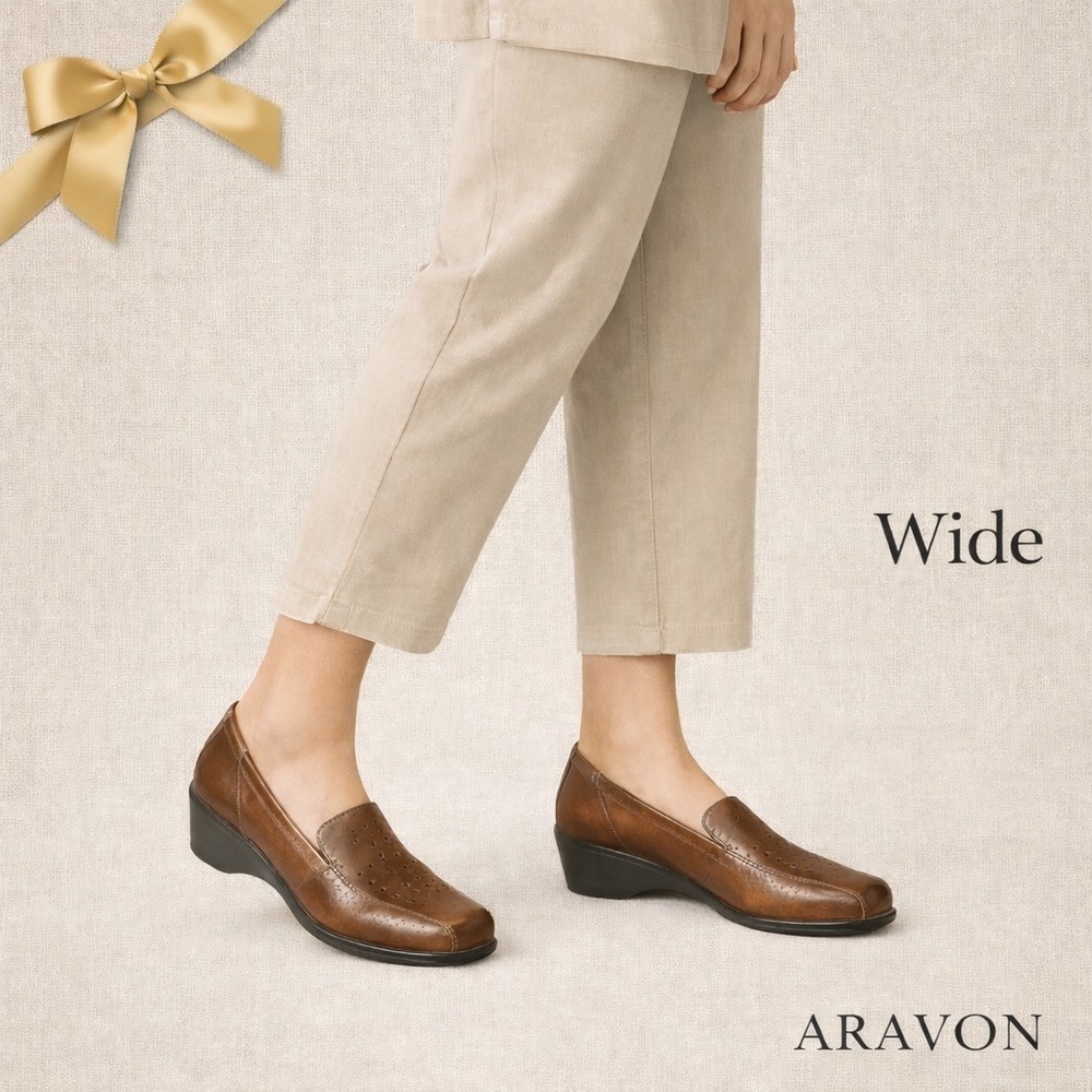 Aravon Rockport Wide Loafers Brown Leather Comfort 8.5 D